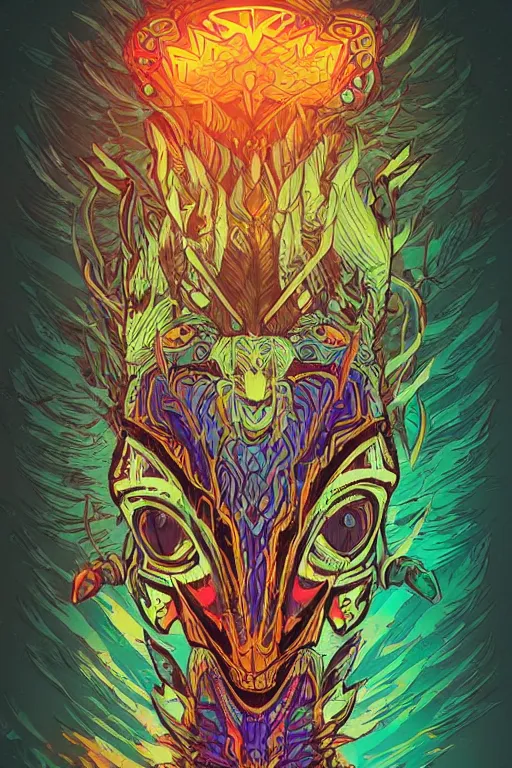 Image similar to totem animal tribal chaman vodoo mask feather gemstone plant wood rock video game illustration vivid color borderlands by josan gonzales and dan mumford radiating a glowing aura