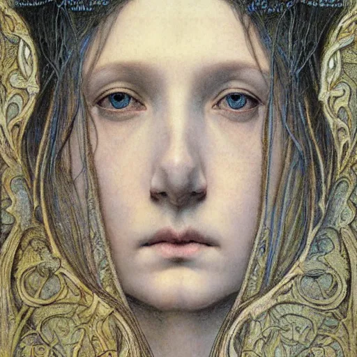 Prompt: detailed realistic beautiful young medieval queen face portrait by jean delville, michael kaluta and marco mazzoni, art nouveau, symbolist, visionary, gothic, pre - raphaelite