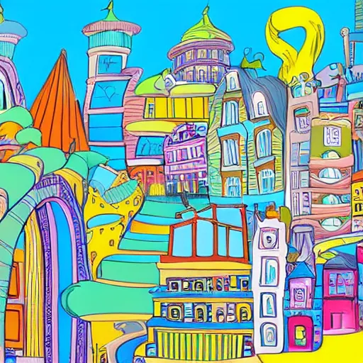 Image similar to fanciful city filled with curvy buildings, by dr seuss, towers, platforms, arches, bridges, stairs, colorful kids book illustration