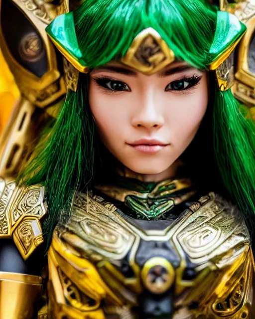 Image similar to a beautiful close up photo of a female Asian elf ranger with long hair and green eyes, no helmet, wearing green and gold futuristic mecha armor, with ornate rune carvings and glowing lining, very detailed, shot in canon 50mm f/1.2