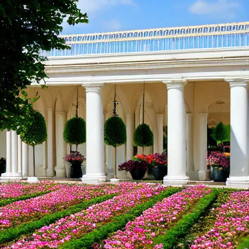 Prompt: versailles orangerie with a garden full of tremiere rose, two stores, white column walls, stairs roof
