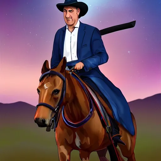 Prompt: saul goodman riding a horse while holding a sword, digital art, high rated, realistic