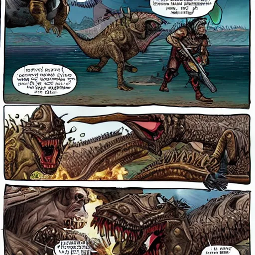 Image similar to Ragnarok with vikings fighting cyborg dinosaurs