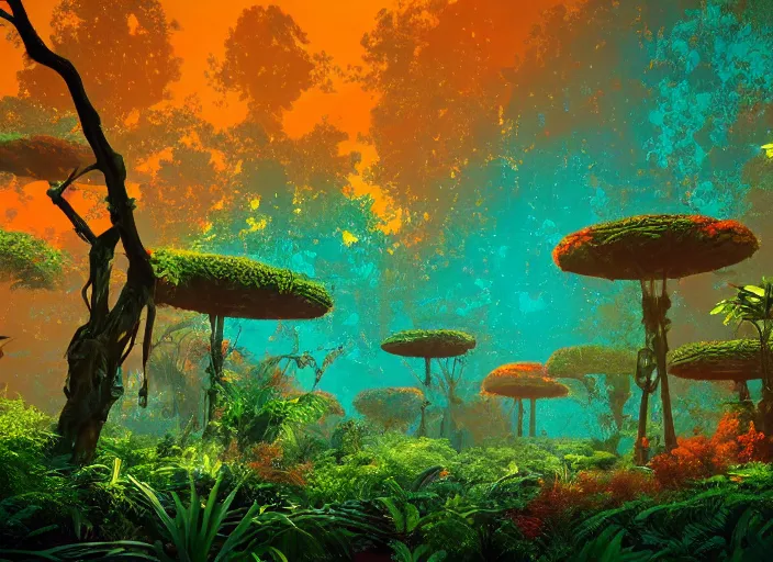 Image similar to a lush alien forest, teal sky, orange plants, birds in flight, humid alien jungle, orange and teal color scheme, atmospheric, exotic, colorful, unreal engine, trending on artstation