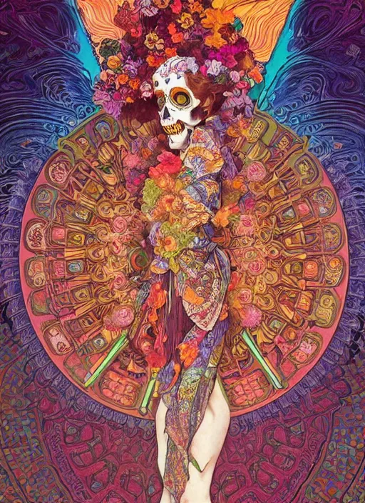 Image similar to realistic detailed psychedelic poster art of a cute fractal Día de los Muertos girl dancing by Victor Moscoso Rick Griffin Alphonse Mucha Ayami Kojima Amano Charlie Bowater, masterpiece