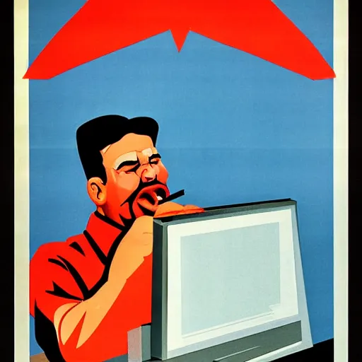 Image similar to soviet propaganda poster of an angry communist developer yelling at his computer