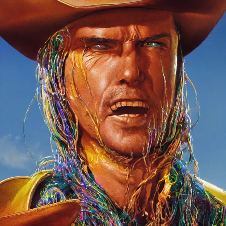 Image similar to 1 9 7 0's spaghetti western film octane render portrait by wayne barlow and carlo crivelli and glenn fabry, a person wearing a shiny colorful iridescent latex suit and cowboy hat covered in colorful slime, standing in a scenic western landscape, cinema 4 d, ray traced lighting, very short depth of field, bokeh