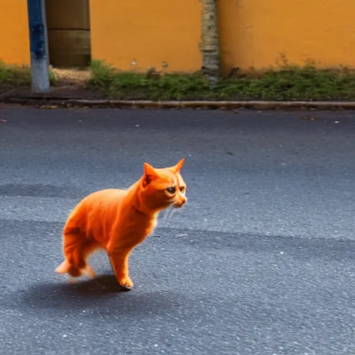 Image similar to a small dog being chased by a big fat orange cat