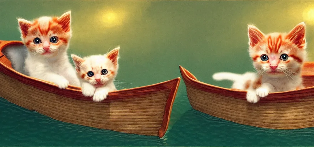 Prompt: a kitten in a boat, translucent and hyperrealistic and ultra - detailed in the style of roger dean and wlop, bloom, glow, reflection, refraction, matte, glossy, smooth, emissive material