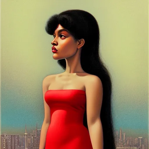 Image similar to ☁🌪🌙👩🏾, plus size woman, soft elegant gown, neon god of city character portrait, in the style of margaret keane, moebius, tom bagshaw, and waterhouse, cinematic lighting, beautiful, elegant, oil painting,