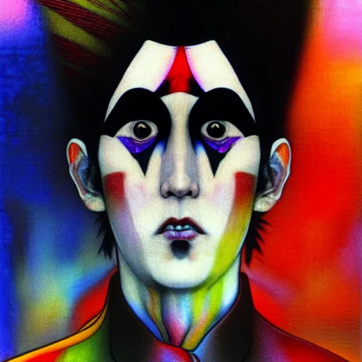 Image similar to yoshitaka amano blurred and dreamy realistic three quarter angle portrait of a aladdin sane with black lipstick and black eyes wearing dress suit with tie, junji ito abstract patterns in the background, satoshi kon anime, noisy film grain effect, highly detailed, renaissance oil painting, weird portrait angle, blurred lost edges