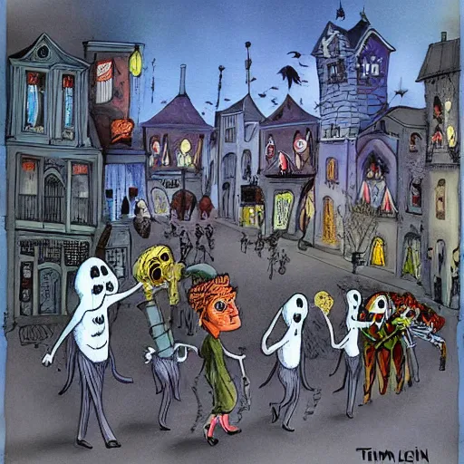 Image similar to ghosts and ghouls parade on main street by dali and tim burton