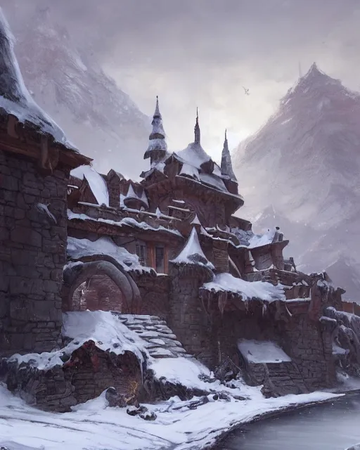 Image similar to a painting of a castle in the middle of a snowy mountain, a detailed matte painting by andreas rocha and greg rutkowski, featured on artstation, fantasy art, matte drawing, matte painting, artstation hq