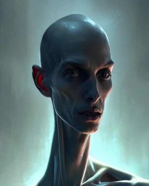 Prompt: epic portrait cinematic shot an skinny tall creature with long arms, long neck, bald, covered in dark substance, fine details. night setting. realistic shaded lighting poster by craig mullism, artgerm, jeremy lipkin and michael garmash, unreal engine, radiant light, detailed and intricate environment, digital art, trending on art station,