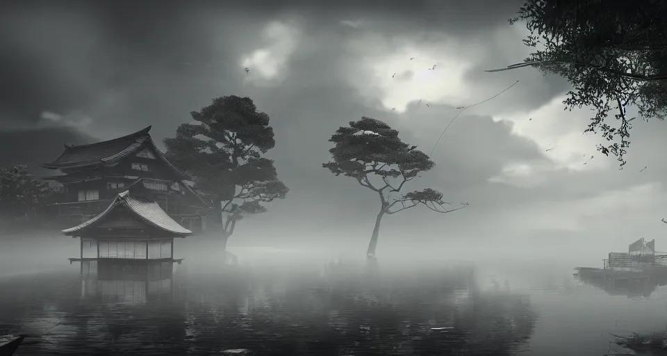 Image similar to An old Japanese fishing village at night, evil, demonic, enchanting, misty, haze, clouds, angelic, flowers, nature, symmetry, environment concept, cinematic, Rendered in Octane, cgsociety, moody lighting rendered by octane engine, cinematic lighting, intricate details, 8k detail post processing, hyperealistic, photo realism, by Stephen King