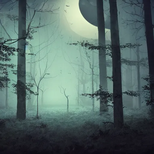 Image similar to a haunted circus deep in the middle of the forest, fog, realistic, moonlight