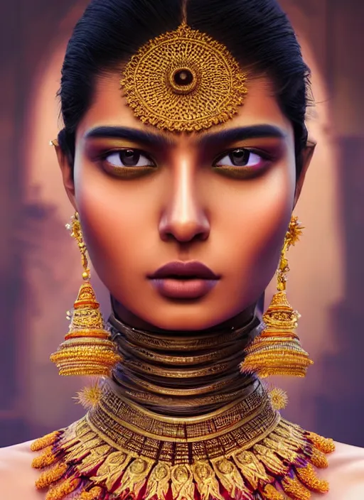 Image similar to portrait of indian model, intricate, ( ( robot features ) ), sharp focus, octane render, realistic, detailed, beautiful, unreal engine, symmetrical!!, maybelline, sephora, loreal, artstation, art by artgerm, rossdraws, art by karol bak, makeup by pat mcgrath, cinematic, concept art, filmic, vsco