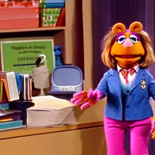 Image similar to film still of muppet!!!!! pam beesly!!!! as a muppet muppet muppet as a muppet in the tv show the muppet office