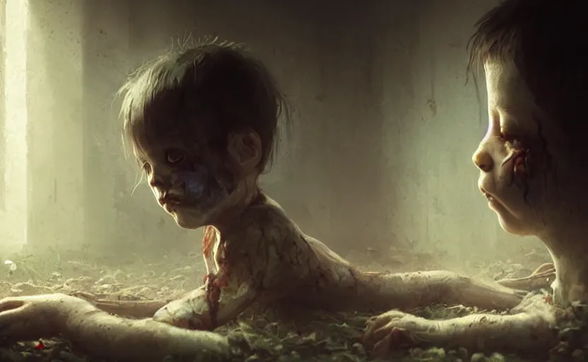 Prompt: a beautiful photo zombie kid, hyper realistic, natural light, concept art, by greg rutkowski, cozy atmospheric and cinematic lighting