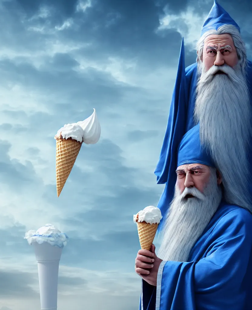 Prompt: hyper realistic matte painting of an ancient wizard in blue robes with a long white beard as he is resting inside of a giant empty ice cream cone, the wizard is looking out from the top, extremely detailed, photorealistic, octane render, 4 k, 8 k