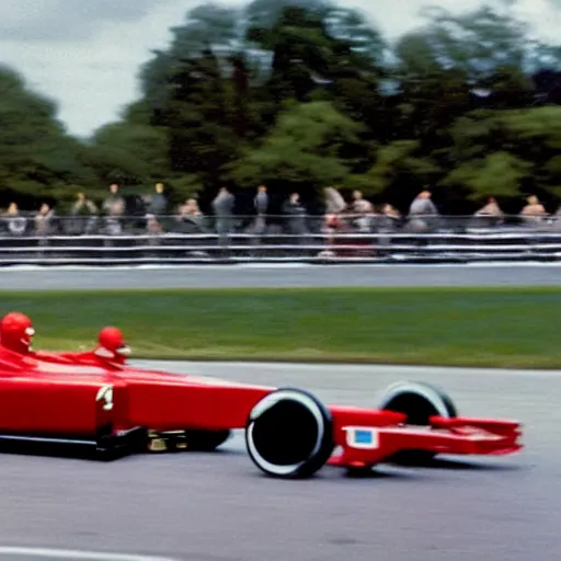 Image similar to a photo of queen elizabeth driving a formula 1 car, photorealistic
