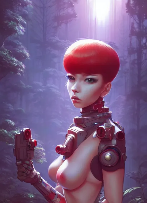 Image similar to cyber monkey in the scifi forest, in style james jean, ilya kuvshinov, by artgerm, cushart krenz, hot colors, ultra clear detailed. 8 k. elegant, intricate, octane render