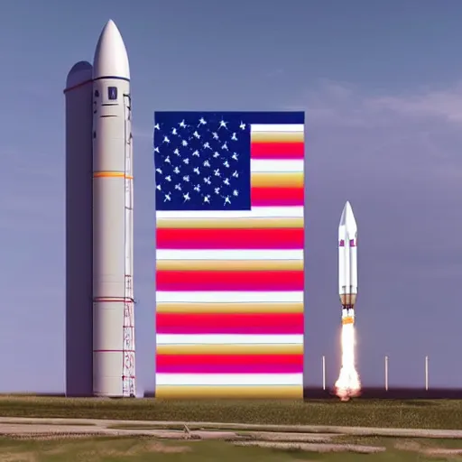 Image similar to The Space Launch System rocket in flight, eclipsed by the American Flag in the foreground, photorealistic