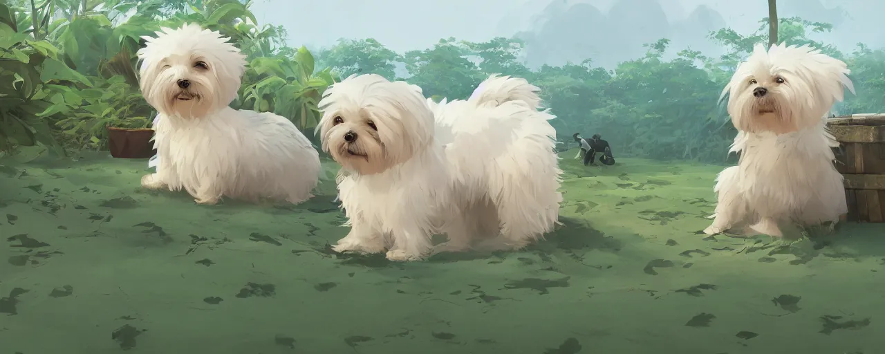 Prompt: a cream - colored havanese dog building a house from leaves and trees at a tropical beach, atey ghailan, goro fujita, studio ghibli, rim light, exquisite lighting, clear focus, very coherent,