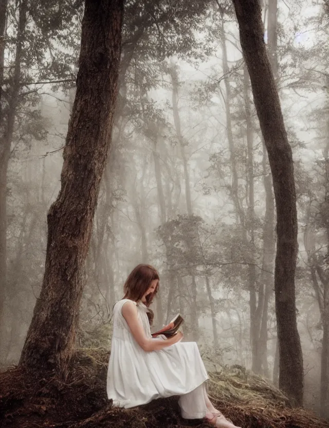 Image similar to Girl in white reading a book sitting on a tree in a foggy forest, Cinematic focus, Polaroid photo, vintage, neutral colors, soft lights, by Steve Hanks, by Serov Valentin, by lisa yuskavage, by Andrei Tarkovsky 8k render, detailed, oil on canvas