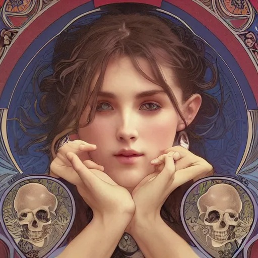 Prompt: beautiful woman with a skull for a face, intricate, art by artgerm and greg rutkowski and alphonse mucha and william - adolphe bouguereau, high detailed, 4 k,