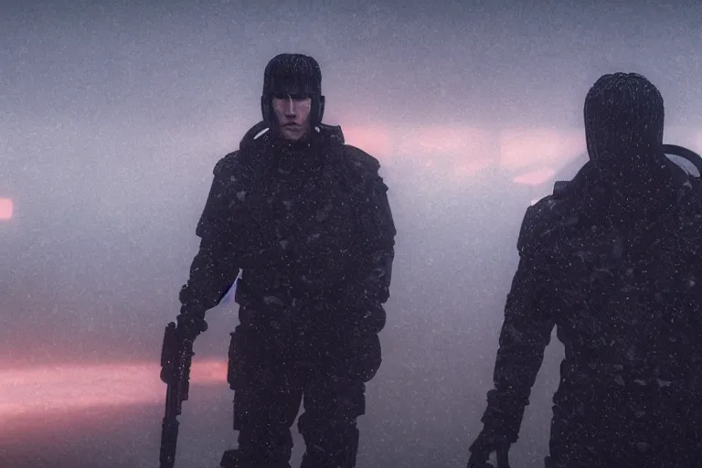 Image similar to still from bladerunner 2049 (2017) man wearing black tactical gear. mountain in background obscured by fog volumetric raining. green hill. Cyberpunk soldier holding rifle intimidating, reflective visor, emissive details. dark low exposure overcast skies.