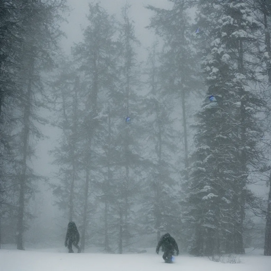 Image similar to photo, bigfoot is hiding in the background. cold color temperature, snow storm. hazy atmosphere. humidity haze. kodak ektachrome, greenish expired film, award winning, low contrast