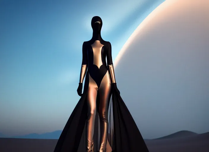 Image similar to futuristic dress for the dessert, dune style, fashion design, xf iq 4, 1 5 0 mp, 5 0 mm, iso 2 0 0, 1 / 1 6 0 s, realistic, natural light, octane render, adobe lightroom, rule of thirds, symmetrical balance, depth layering, polarizing filter, sense of depth, ai enhanced