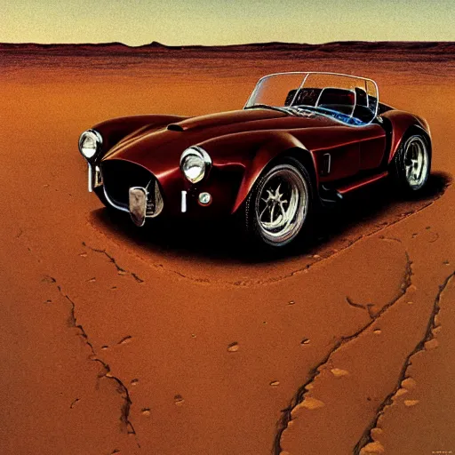 Prompt: closeup of rusty shelby cobra, vine covered, desert, cracked dry lake bed, by Zdzislaw Beksinski, Norman Rockwell, pinup, highly detailed, soft lighting, film grain, 8k resolution, hd, oil on canvas