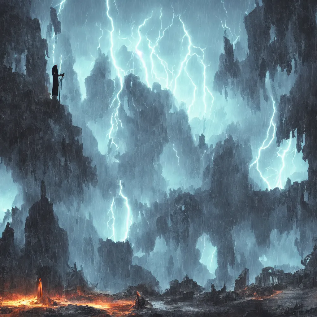 Image similar to a still of a cloaked figure standing in the ruins of crux prime, monastery, there is lightning, blue fiery maelstrom in the distance, it is raining, digital art, artstationhq