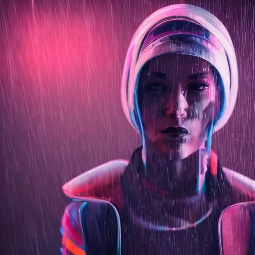 Prompt: stylish cartoon portrait made out of rain, cyberpunk background, rendered in octane, unreal engine, highly detailed, trending on artstation, realistic, splashes of neon, beautiful, handsome, depth of field, glowing eyes