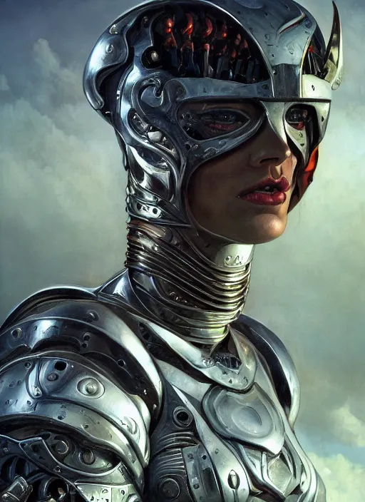 Prompt: symmetry! closeup portrait of a biblical diabolical hunter model girl, cyborg armor, in clouds, cinematic studio light! windy, venom, sunset, by gerald brom, by mikhail vrubel, by peter elson, high contrast, muted colors, extreme detail, mirrors, trending on artstation, 8 k