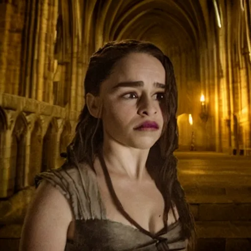 Image similar to emilia clarke as a female demon in a gloomy gothic cathedral at night