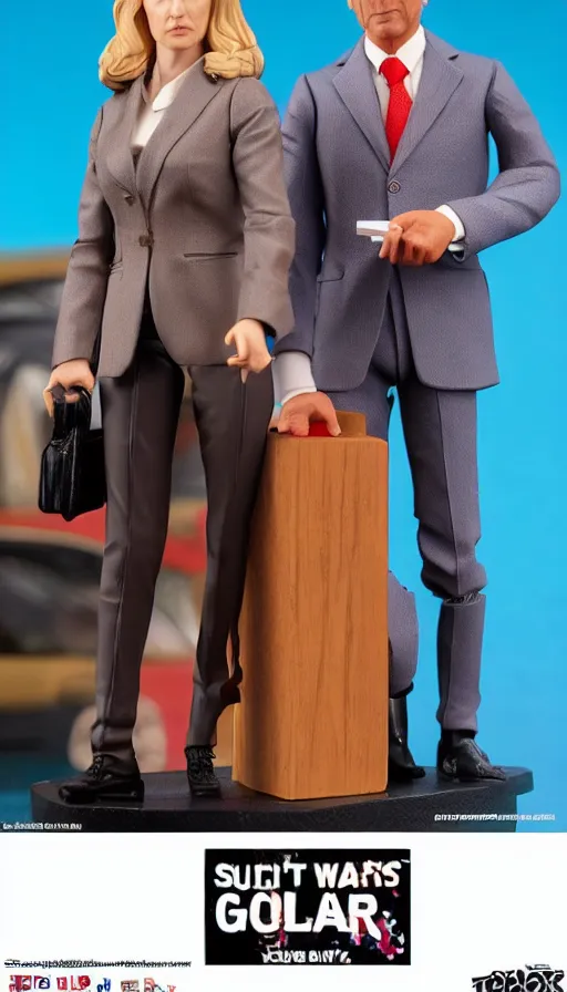 Image similar to hot toys figurine of kim wexler and saul goodman, realistic, up close image, 1 / 1 6 th scale, unopened, listing image, hd