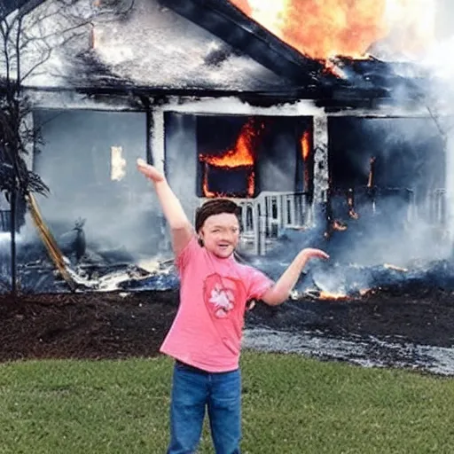 Prompt: “ smiling kid with house burning down, meme, funny ”