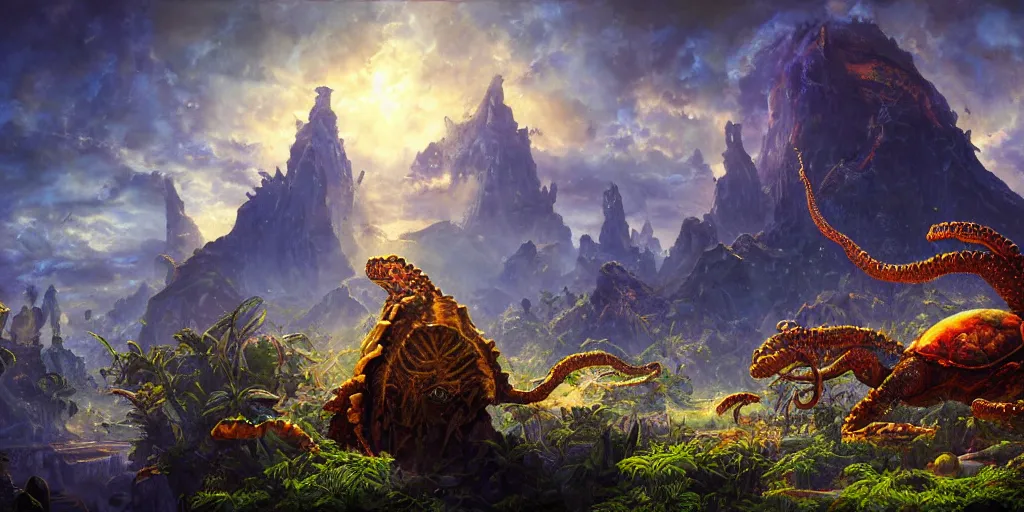 Image similar to fantasy oil painting, great leviathan, cybernetic turtle cephalopod terrapin reptilian pachyderm squid, hybrid, anubis, epic, natural light, lush plants flowers, spectacular mountains, bright clouds, ufo, luminous sky, outer worlds, golden daple lite, craig mullins, michael cheval