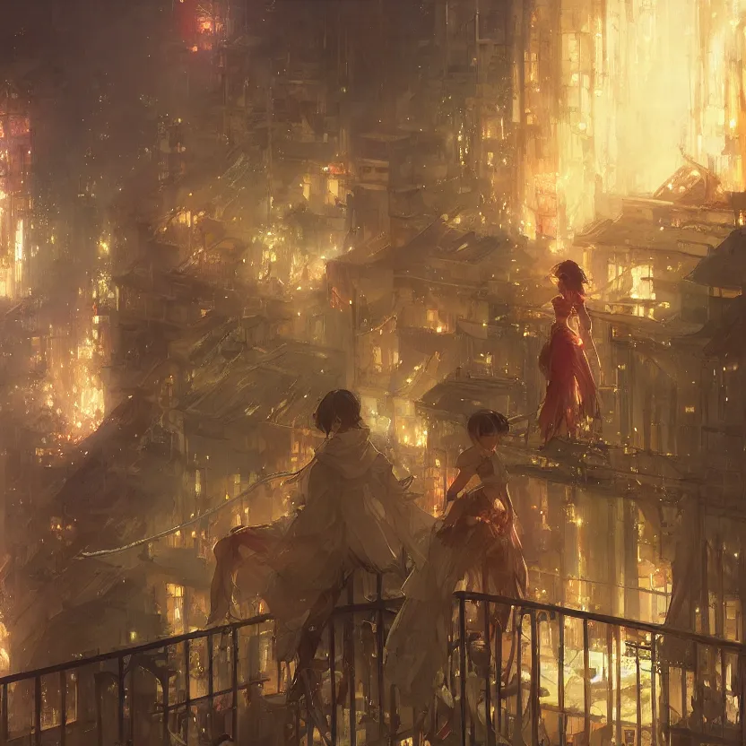 Image similar to firework festival on a balcony at night, greg rutkowski, krenzcushart, nier automata enviroment concept art, makoto shinkai, alphonse mucha