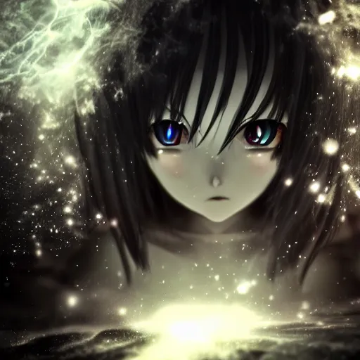 Image similar to photorealistic full body shot of masterpiece angry darkness anime girl, beautifull manga lovely eyes, electric aura with particles, snowing frozen ice, darkness background, detailed, unreal engine 4 k, volumetric light, fog