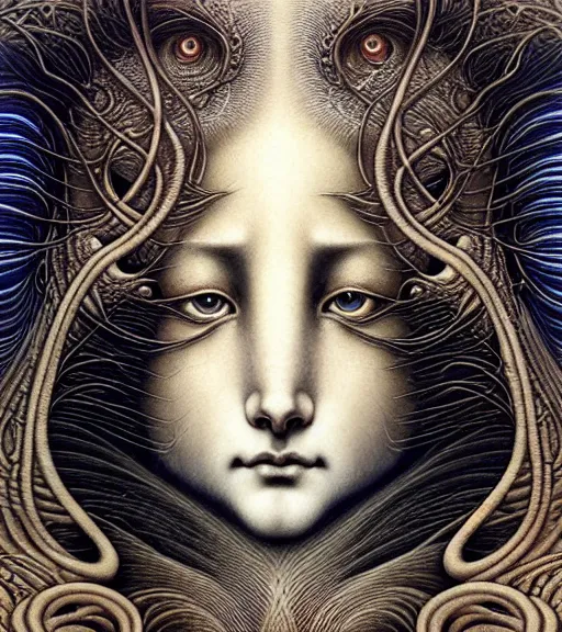 Prompt: detailed realistic beautiful kitsune goddess face portrait by jean delville, gustave dore, iris van herpen and marco mazzoni, art forms of nature by ernst haeckel, art nouveau, symbolist, visionary, gothic, neo - gothic, pre - raphaelite, fractal lace, intricate alien botanicals, ai biodiversity, surreality, hyperdetailed ultrasharp octane render