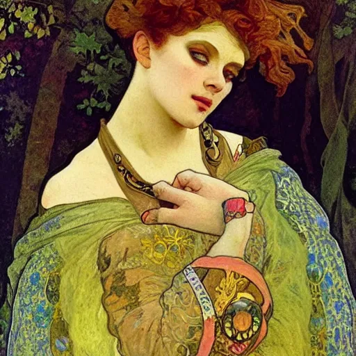 Prompt: X a renaissance painting of a beautiful female with a beautiful face by Alfons Mucha, full body, sitting in a forest, super high detail, gold jewelry, jugendstil, 4k, bright color scheme