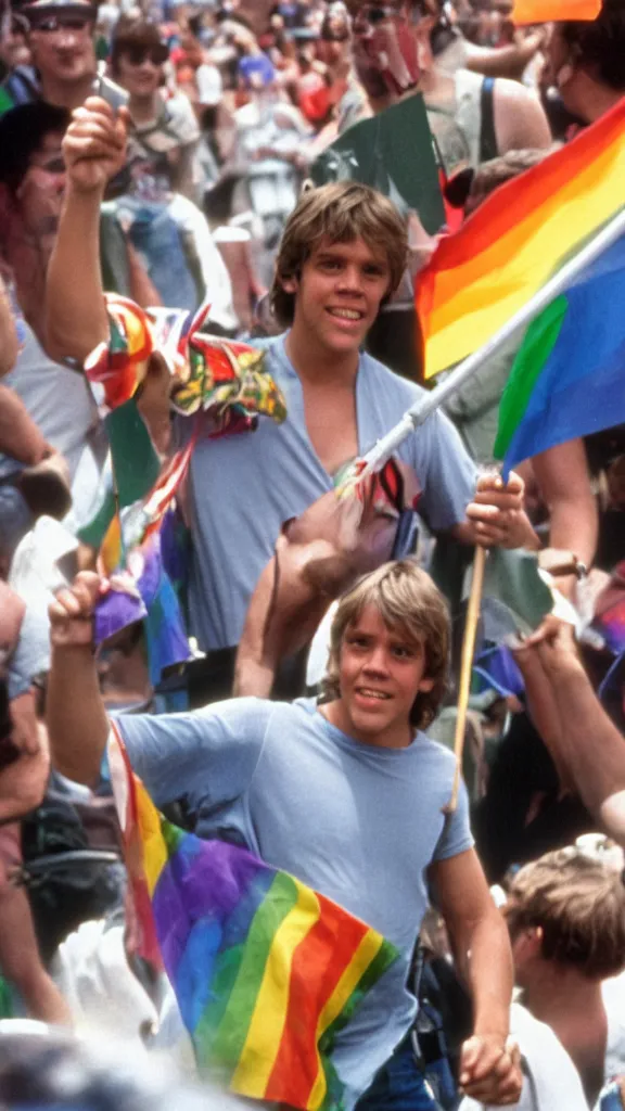 Image similar to rotj luke skywalker goes to pride, getty images, victorious, flags, parade, gay rights, bright smiles, daylight, twenty three year old luke skywalker at gay pride, 3 5 mm photography, very happy, smiling