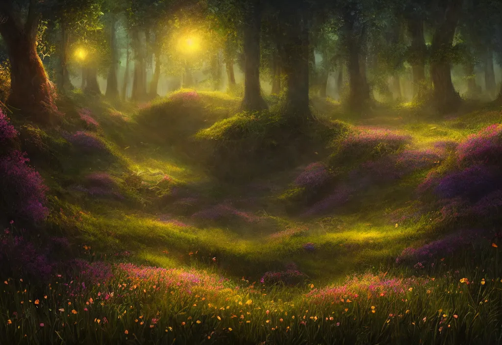 Image similar to a meadow with glowing flowers an forest behind it, night time, epic fantasy, detailed, intricate, digital painting, concept art, realistic, smooth, focus, rim light