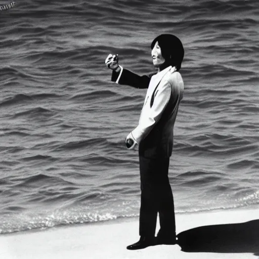 Image similar to japanese man with long hair in a suit standing in the ocean pointing at the camera, sunset, album cover, 1980
