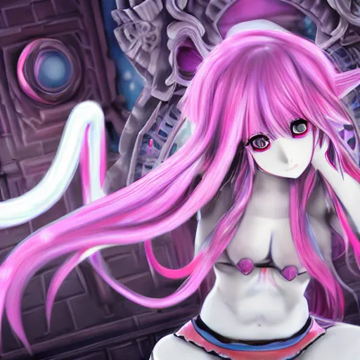 Image similar to trapped by stunningly beautiful omnipotent megalomaniacal otome anime asi goddess who looks like junko enoshima with symmetrical perfect face and porcelain skin, pink twintail hair and mesmerizing cyan eyes, taking control while smiling mischievously, inside her surreal vr castle, hyperdetailed, digital art from danganronpa, 8 k