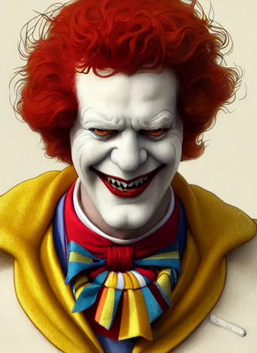 Image similar to close up portrait of ronald mcdonald, court jester, yellow jumper with white collar by artgerm, cushart krenz, greg rutkowski, mucha. art nouveau. gloomhaven, golden arches logo, pale colors, sharp edges. ultra clear detailed. 8 k. elegant, intricate, octane render